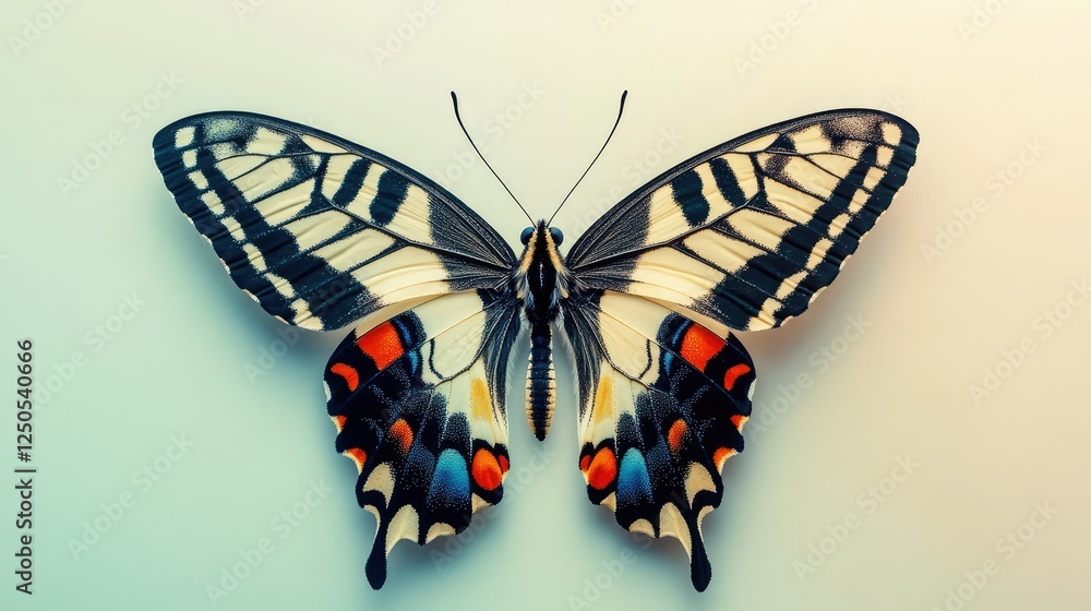 Poster Close-Up View of a Colorful Butterfly with Intricate Patterns and Vibrant Colors Against a Soft Background for Nature and Insect Photography
