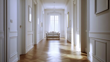 Fototapeta premium Elegant Hallway Interior Design: A Luxurious Wooden Floor, Classic White Walls, and a Comfortable Sofa, Beautifully Illuminated by Natural Light.