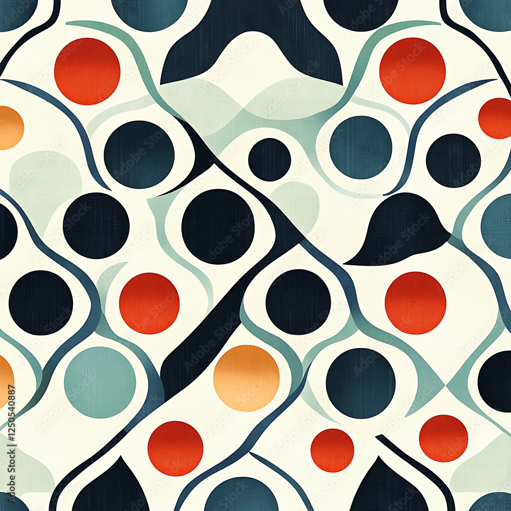 Poster seamless pattern featuring abstract shapes and vibrant colors, including circles and flowing lines, 
