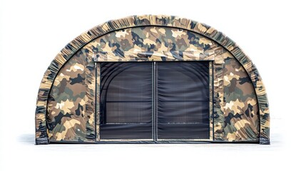 Camouflage Tent: A military-style camouflage tent with a distinctive arched design and a closed entrance, suggesting readiness and security. 