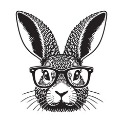 Obraz premium The image is a stylized, cartoonish illustration of a rabbit wearing glasses. The rabbit has large, pointed ears and a textured fur pattern. Design for clothing, packaging. Vector