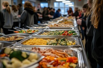 Naklejka premium Delicious Buffet Food: Pasta, Vegetables, and Meat Dishes Abundantly Served at a Large Gathering