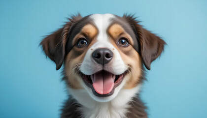 Fototapeta premium Joyful Puppy Portrait: A Happy Dog Smiles on a Vibrant Blue Background