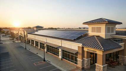 Modern Shopping Center with Solar Panels and Sunset Overhead