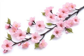 Pink Cherry Blossom Branch on White Background