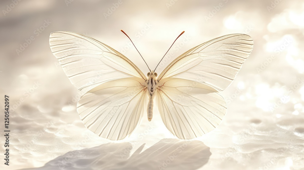 Poster delicate white butterfly with translucent wings resting on soft surface surrounded by gentle natural