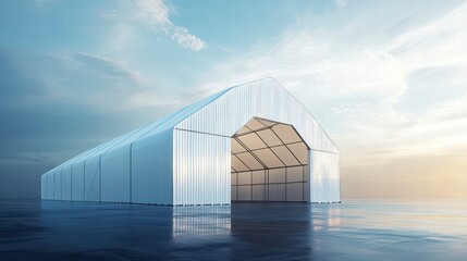 Architectural Tent Under Sky: A modern, large tent structure stands beneath a bright, cloudy sky, its clean lines and spacious interior offering a versatile space against a bright sky.