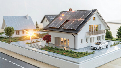 Modern Sustainable House with Solar Panels and Green Landscape in Miniature Model