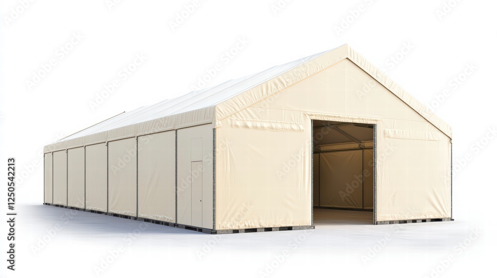 Poster event tent: a large, empty event tent ready for assembly, its structure standing strong with a wide,