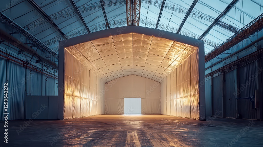 Poster the warehouse: an empty warehouse, bathed in soft natural light. focusing on industrial architecture