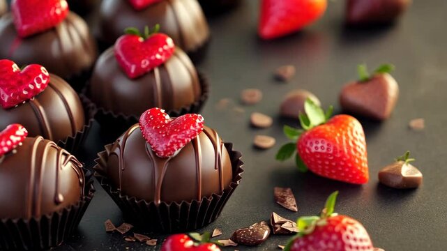  close up Valentines's day chocolate, strawbery, heart, rose petal, look yummy , chocolate set in box