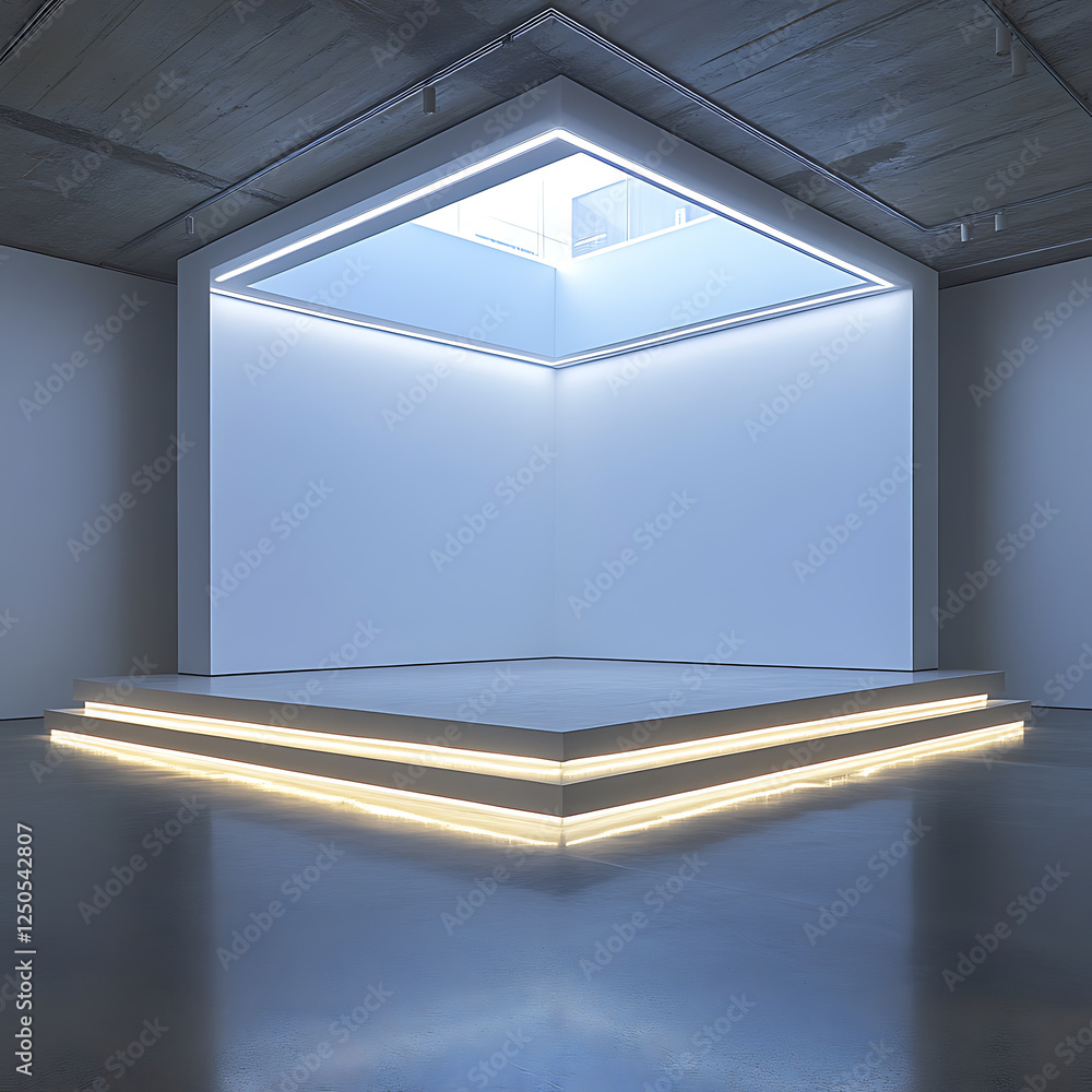 Poster modern gallery space featuring minimalist stage illuminated by soft tube lights, creating serene atm