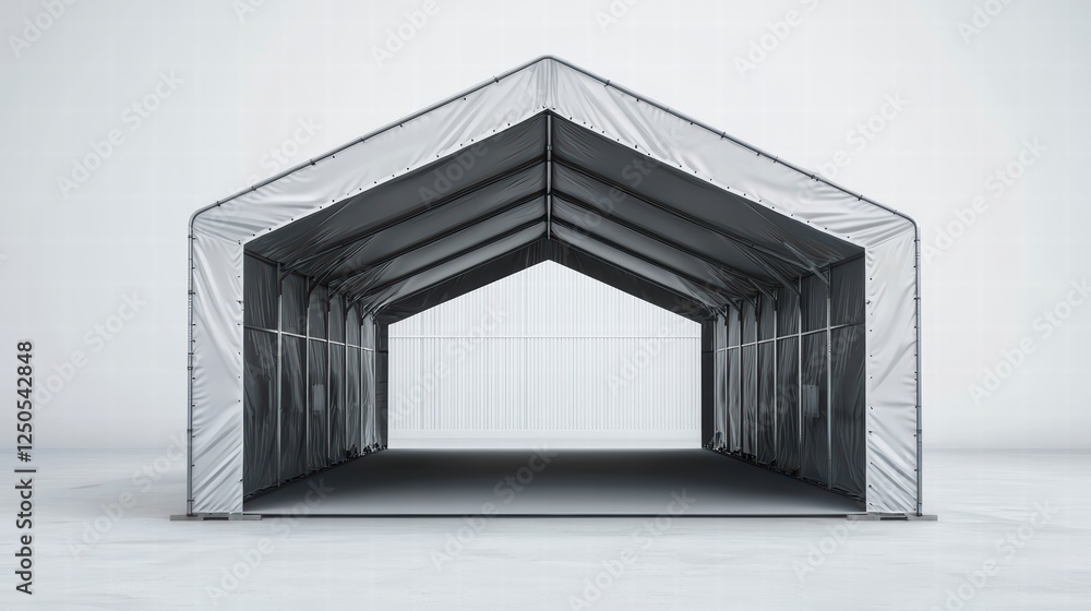 Poster industrial shelter structure: a minimalist and modern image, capturing the clean lines and open desi