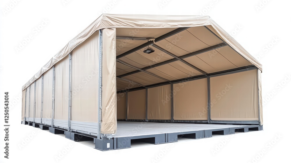 Poster modular shelter unit: a beige modular shelter unit, constructed from durable materials and designed 