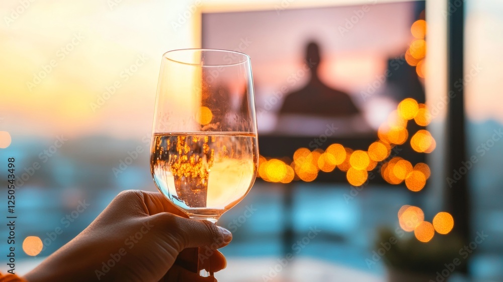 Aufkleber Modern Hybrid Meetings Sleek Glassware and Festive Lights in a Professional Space - Enhancing Remote Team Engagement and Virtual Corporate Networking