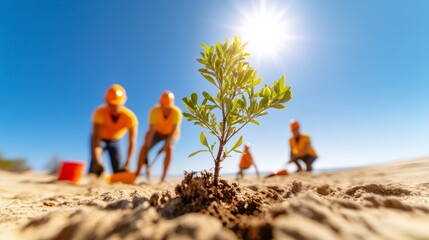 Eco-Coastal Restoration Volunteers Stabilizing Dunes with Native Vegetation Under Sunlit Skies - Climate Resilience and Sustainable Community Engagement