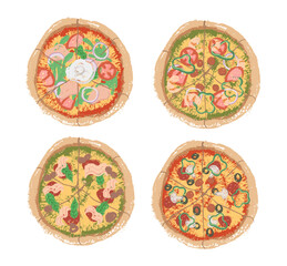 Editable Crayon Pizza hand drawing with many ingredients. Pizza Crusts and all kind of Toppings doodle crayon, charcoal, chalk texture kid illustration. Vector tomato crust and pesto crust.