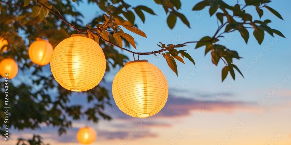 Poster ambient cultural lighting paper lantern and string lights in garden setting - event design content f