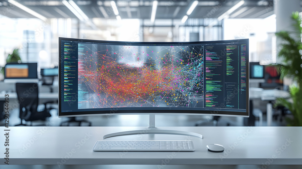 Poster modern ultrawide monitor on a sleek desk displaying colorful network visualization in a minimalist o