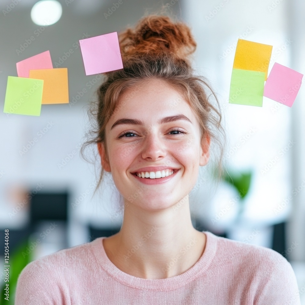 Poster contemporary office vibes smiling coworker amidst colorful sticky notes in open-plan workspace - str