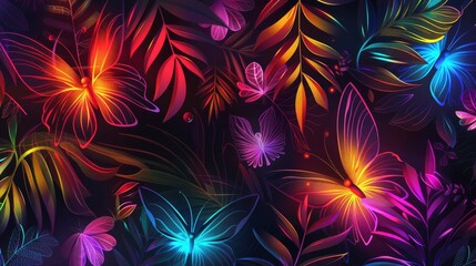 Colorful tropical flowers and butterfly pattern background. illustration.