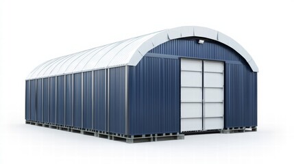Obraz premium Modern Steel Storage Structure: A sleek, contemporary metal building with a blue corrugated exterior and a large roll-up door. The structure stands strong and sturdy.