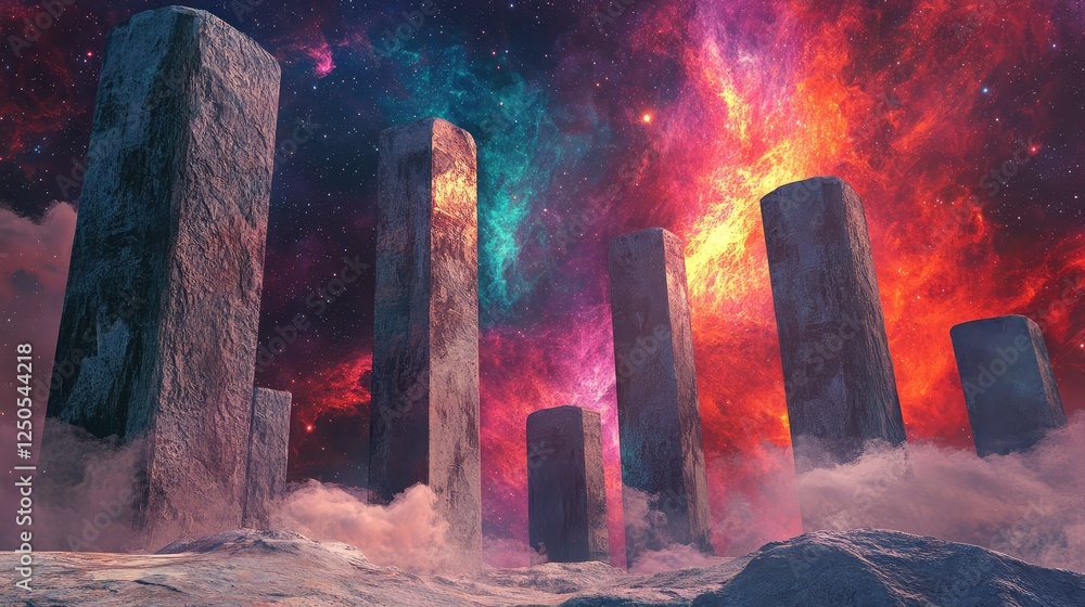 Aufkleber surreal cosmic landscape featuring monolithic structures under a vibrant celestial sky with colorful