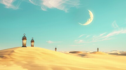 Illuminating Serenity Lanterns in a Desert Landscape Digital Art Calm Environment Wide Angle View Tranquil Illustration