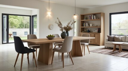A modern wooden dining table with a sleek design, surrounded by stylish chairs, placed in a bright dining area with large windows