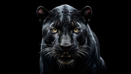 Close-Up Portrait of Majestic Black Panther with Intense Gaze on Black Background Wildlife Beauty and Elegance