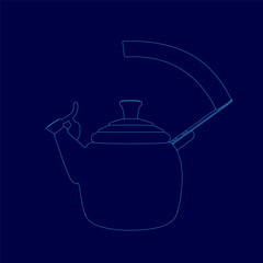 A blue image of a teapot with a handle and a spout. The teapot is shown in a blue drawing