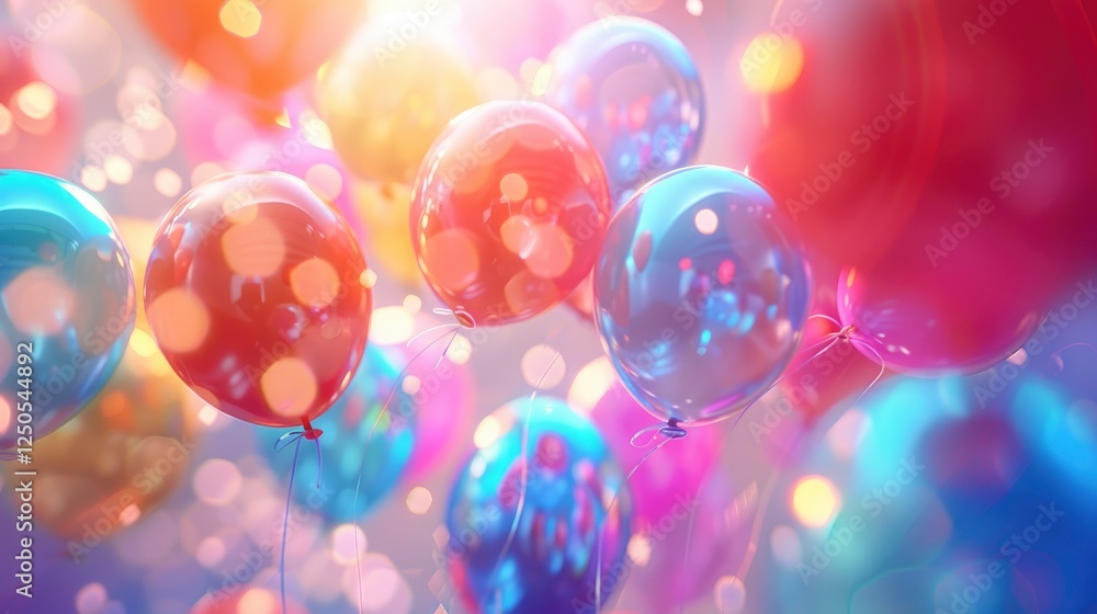 Poster celebration background with colorful balloons and bokeh lights. 3d rendering