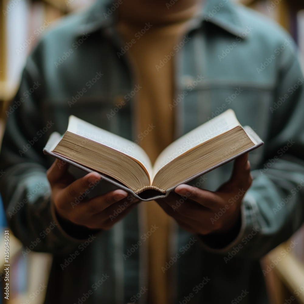 Poster a person holds an open book in a cozy library. the focus is on the soft pages and the warm atmospher