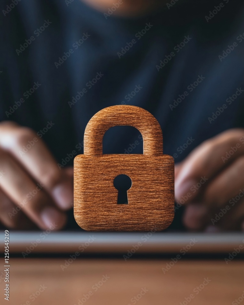 Aufkleber Sleek Office Cybersecurity Executive with Smartphone and Laptop Overlayed by Wooden Lock Icon - Advanced Data Privacy Solutions for Modern Business Security Needs
