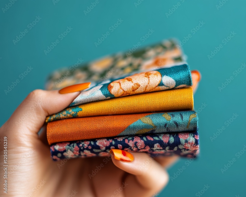 Poster maximalist design focus detailed view of patterned fabric swatches in bold settings - vibrant home d