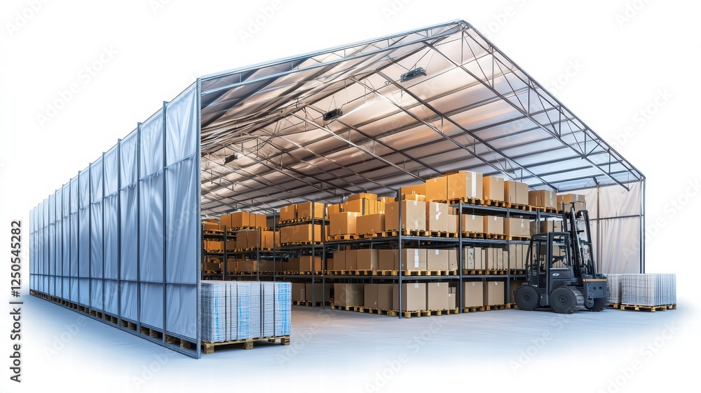 Poster warehouse efficiency: a spacious warehouse is filled with neatly stacked pallets and boxes, a forkli