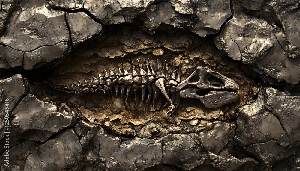 Aufkleber fossilized dinosaur skeleton embedded in ancient rock