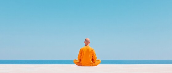 Oceanfront Mindfulness Modern Meditation Pose in Minimalist Orange Attire on Sandy Shore - Coastal Wellness Imagery for Serenity-Focused Lifestyle and Holistic Retreat Marketing