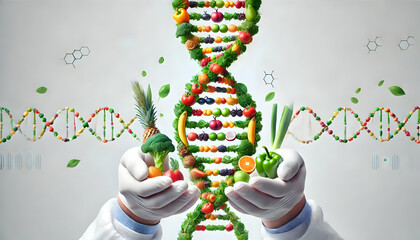 DNA of Food Hands Holding Fruit and Vegetable DNA Double Helix, Representing Nutrition, Healthy Eating, Genetic Science, and the Connection Between Diet and Well-being.