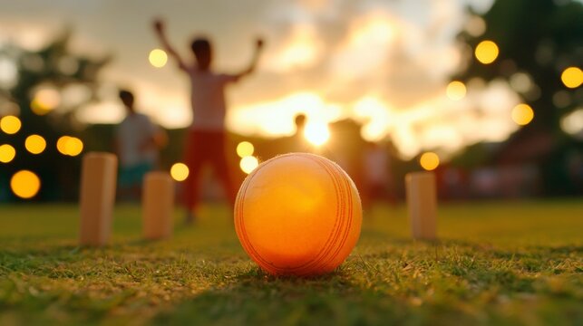 Sunlit Cricket Joy Vibrant Backyard Family Game with Casual Attire and Tennis Ball - Cultural Celebration Content and Outdoor Activity Promotion