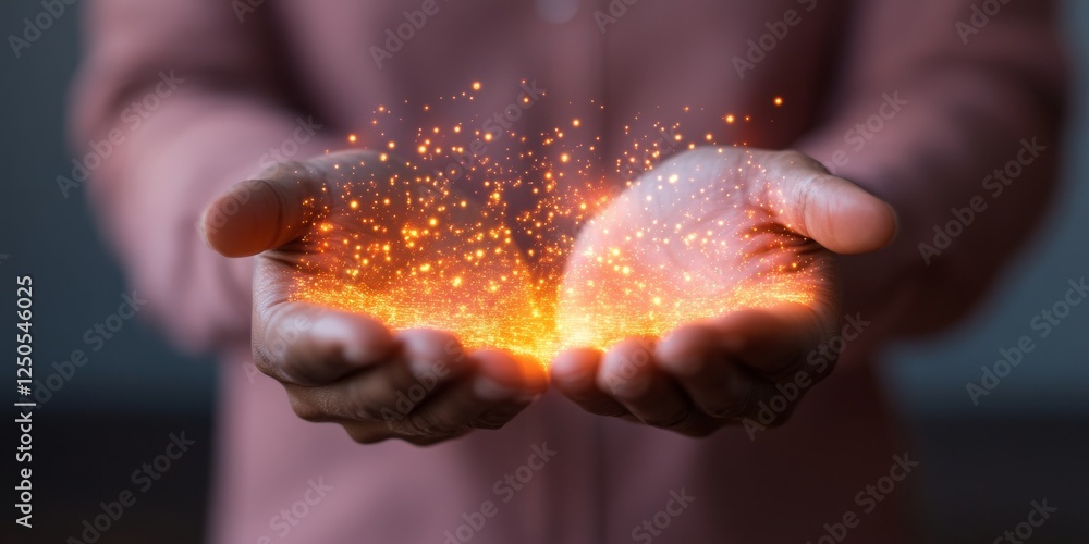 Poster Cyber Illumination Concept Hands Cradling Digital Sparks on Smooth Surface - Futuristic Tech Display and Data Security Solutions for Modern Business Innovation
