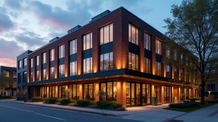 Obraz premium An office building with an industrial-style brick facade and large windows, warm lighting at dusk, showcasing a professional yet creative work environment