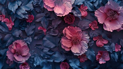 Flowers composition. Frame made of pink and blue flowers. Flat lay, top view,