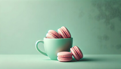 Pastel pink macarons arranged in a mint green cup, elegant French dessert with soft lighting, minimalistic and aesthetic food composition on a smooth backdrop.