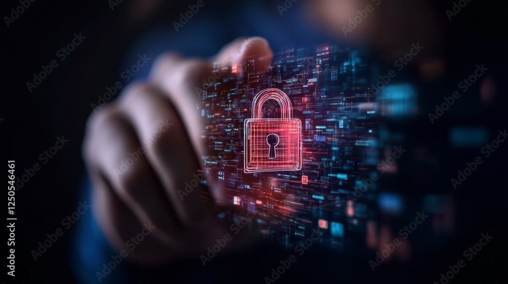 Aufkleber holographic cybersecurity interface floating padlock emblem over outstretched hand - interactive dig