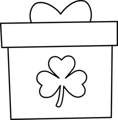 Gift Box with Clover Decoration outline.
St. Patrick's day gift box coloring page vector.
St. Patrick's day gift wrapping Isolated. 
Transparent background.