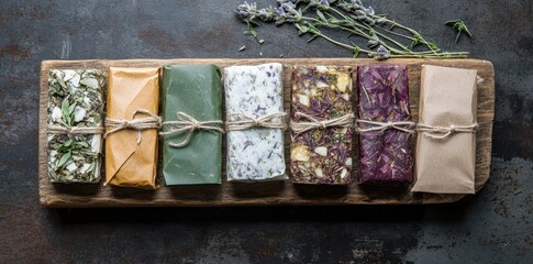 Assorted handcrafted herbal energy bars, beautifully wrapped in eco-friendly packaging for a sustainable snack choice.