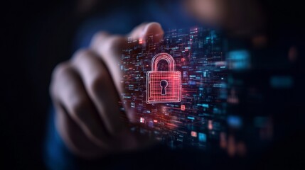 Holographic Cybersecurity Interface Floating Padlock Emblem Over Outstretched Hand - Interactive Digital Security Innovation for Tech Marketing and Enterprise Protection