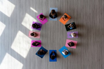 Colorful Mindful Movement Diverse Childrens Yoga Circle on Vibrant Mats in Sunlit School Gym - Educational Health Program and Inclusive Wellness Marketing