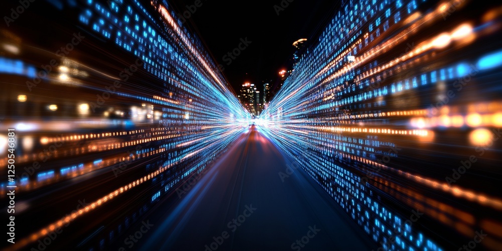 Poster Futuristic Cyber Aesthetic Dynamic Data Visualization in Urban Nightscape - Innovative Business Content and Advanced Digital Workflow for Modern Tech Industry